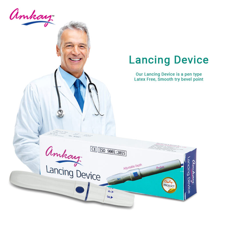 "Amkay Lancing Device A. Finger-stick blood samplers (lancet devices) are used to obtain blood for testing blood sugar (glucose). These devices consist of two parts, a “lancet holder” that looks like a small pen; and a lancet, which is the sharp point or needle that is placed in the holder. The lancets are only ever used once. Uses: It is used to test blood sugar levels at home without the use of any syringe. Product Specifications and Features: Lancing devices are used to obtain samples of blood for glucose testing using a lancet A variety of lancets are on the market, the most common of which are automatic lancing devices These devices allow easy, convenient and painless puncturing of the fingertip, for collecting blood samples These are demanded widely in various hospitals and clinics, and these products are widely used for blood sugar testing and blood testing purposes It is made of stainless steel lancet and is carefully inspected for the utmost sharpness, uniformity, and absolute sterility Directions For Use: Read the instructions on the label of the package. Safety Information: Keep away from the reach of children Store in a dry place away from water"