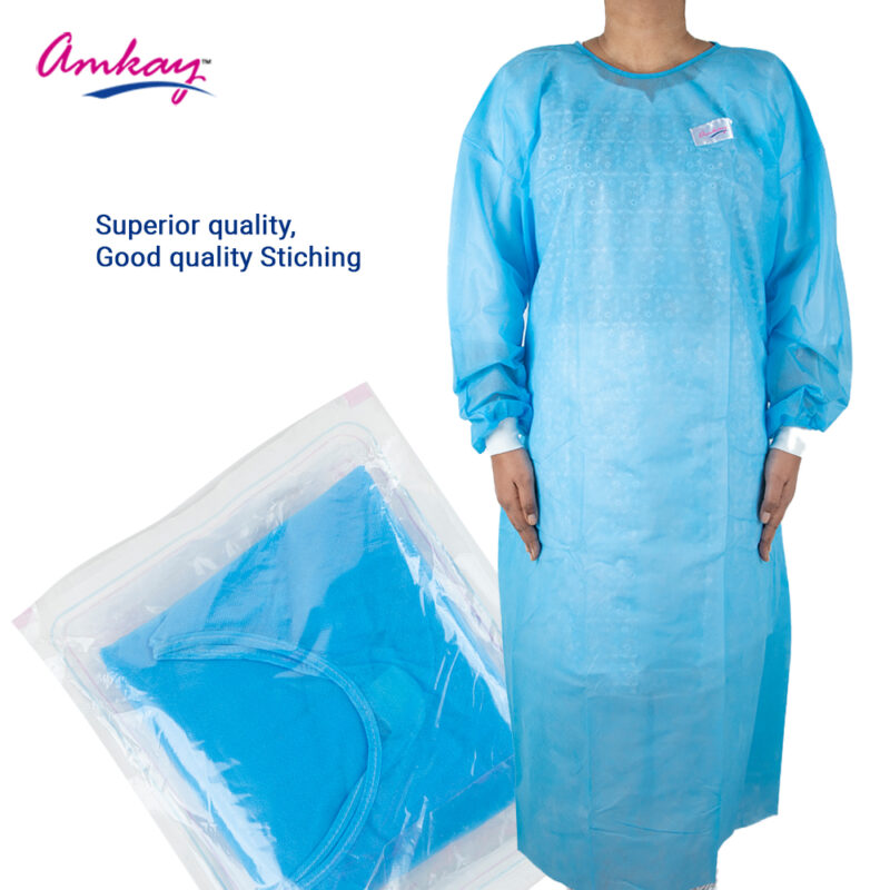 AMKAY Disposable Surgical Gown, Non Woven Gown, Pack of 1, Blue, Regular Size