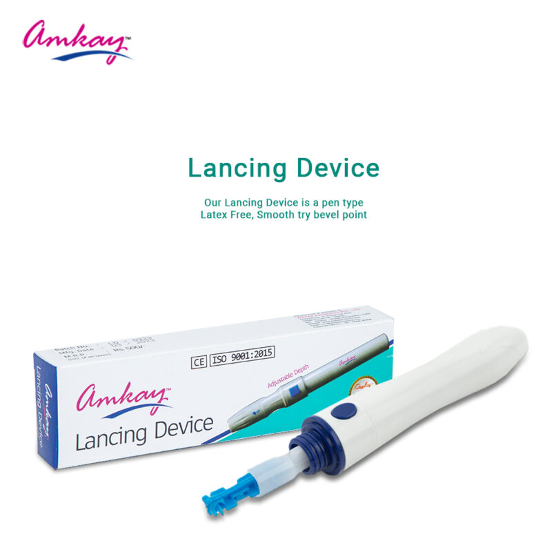 "Amkay Lancing Device A. Finger-stick blood samplers (lancet devices) are used to obtain blood for testing blood sugar (glucose). These devices consist of two parts, a “lancet holder” that looks like a small pen; and a lancet, which is the sharp point or needle that is placed in the holder. The lancets are only ever used once. Uses: It is used to test blood sugar levels at home without the use of any syringe. Product Specifications and Features: Lancing devices are used to obtain samples of blood for glucose testing using a lancet A variety of lancets are on the market, the most common of which are automatic lancing devices These devices allow easy, convenient and painless puncturing of the fingertip, for collecting blood samples These are demanded widely in various hospitals and clinics, and these products are widely used for blood sugar testing and blood testing purposes It is made of stainless steel lancet and is carefully inspected for the utmost sharpness, uniformity, and absolute sterility Directions For Use: Read the instructions on the label of the package. Safety Information: Keep away from the reach of children Store in a dry place away from water"